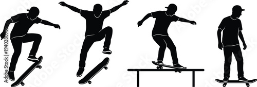 Skateboarder tricks silhouette set extreme street sport skateboard jump grind action skater collection urban lifestyle flat vector illustration
