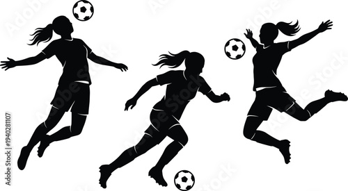 Women soccer players silhouette set, female football action poses dribbling jumping heading sport athletes collection flat vector illustration