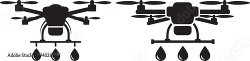Black silhouette icons of a drone spraying liquid, symbolizing agricultural or industrial applications