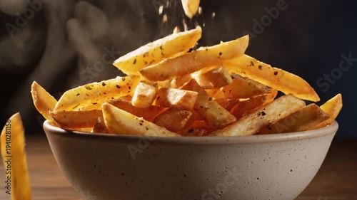 Delicious, steaming hot, golden french fries seasoned with pepper falling into a textured ceramic bowl for a perfect snack