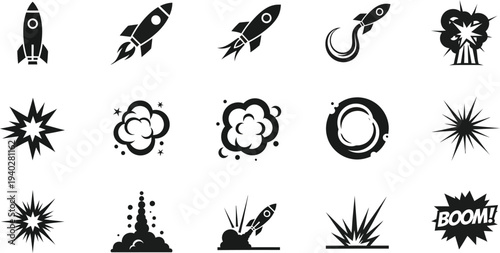 Collection of black and white comic book explosion and rocket icons