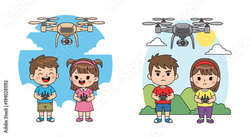 Kids flying drone with remote controller cartoon illustration, happy and worried children learning drone technology outdoor activity concept