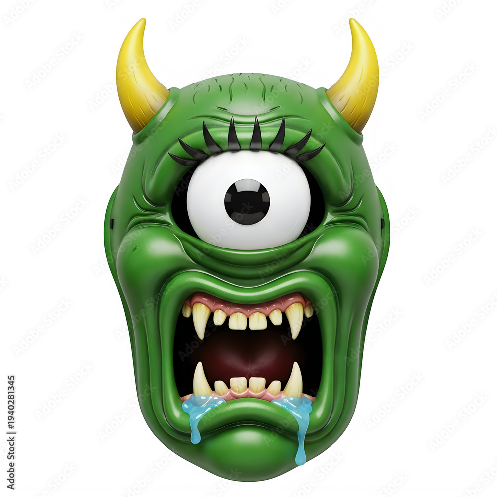 Fototapeta premium A green monster with one eye and yellow horns isolated on transparent background