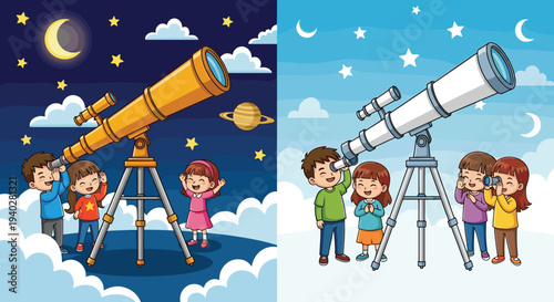 Kids observing stars with telescope cartoon illustration, children learning astronomy and space exploration, educational science activity concept design
