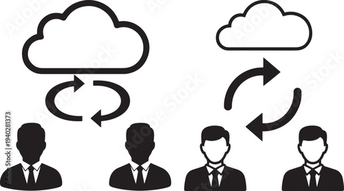 Black silhouette icons representing cloud data synchronization and business professionals