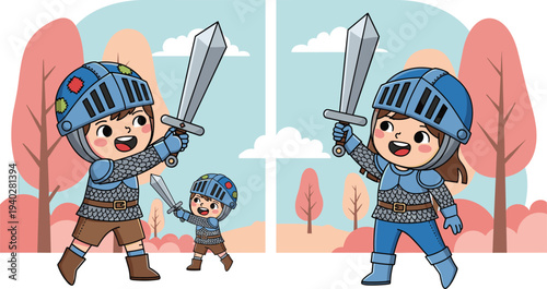 Kids playing medieval knight with sword and armor costume, children fantasy adventure illustration for imagination, role play and fun