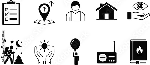 Lifestyle and activity icons set, checklist travel home protection radio camping balloon vector illustration collection