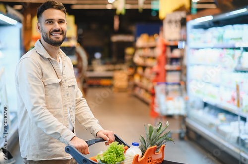 Schilderij op canvas Happy man shopping for groceries in supermarket aisle