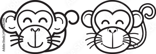Stylized monkey faces with happy expressions, black and white illustration for playful themes