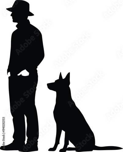 man with german shepherd dog silhouette, owner standing with loyal guard canine companion, pet training vector illustration