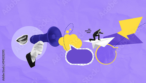 Abstract collage of communication elements with megaphone, speec