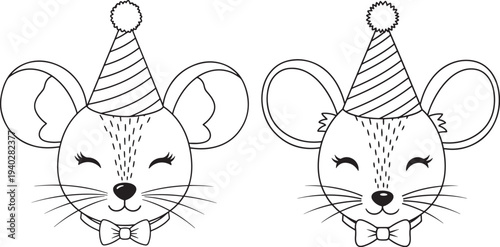 Cute mouse faces wearing party hats and bow ties, line art illustration for celebrations