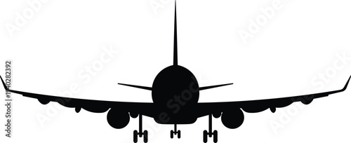Front View Airplane Silhouette Landing with Extended Landing Gear. Commercial Aircraft Approach Vector Isolated on White Background