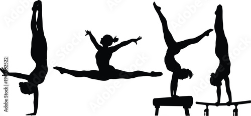 Black silhouette collection of female gymnasts performing artistic floor exercises, handstands, split jumps, and balance beam routines on a white background.
