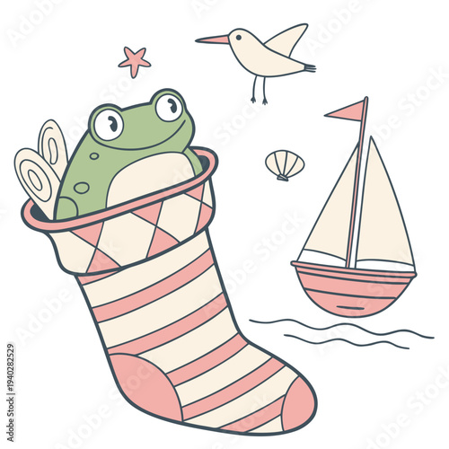 A Mischievous Frog with snuggled in a sock in a Beach day theme – Ocean Breeze palette SVG illustration