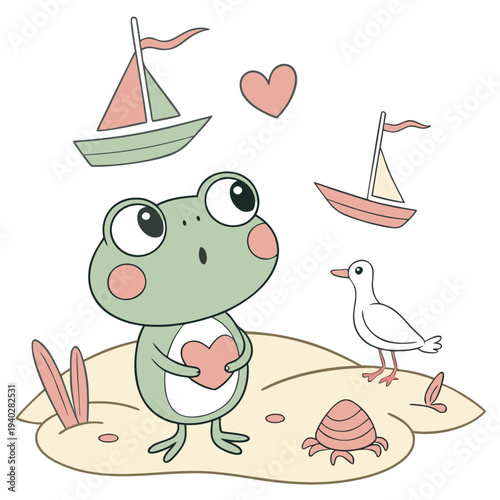An adorable Frog with a Surprised vibe, holding a heart, and a Ocean Breeze Beach day theme – SVG style