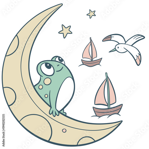 Charming SVG of a Amused Frog featuring sitting on a moon, styled in a Beach day theme with Ocean Breeze hues