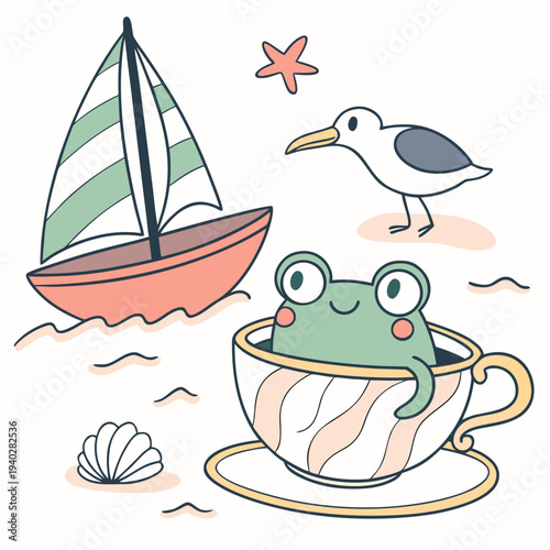 Cute Content Frog, accessorized with in a teacup, in a Beach day world – Ocean Breeze palette vector