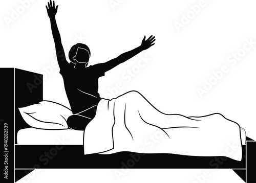 Morning wake up routine, silhouette woman stretching in bed, healthy lifestyle concept, cozy bedroom interior, daily fresh start scene