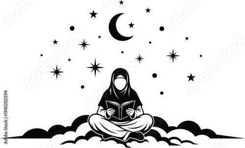 Muslim woman reading Quran under crescent moon and stars silhouette illustration, Islamic spiritual night prayer and reflection concept