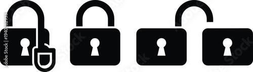 Padlock security icon set, locked and unlocked protection symbols isolated on white background vector illustration
