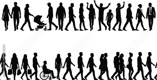 people walking silhouettes collection, diverse men women and families in motion, urban lifestyle crowd vector illustration isolated