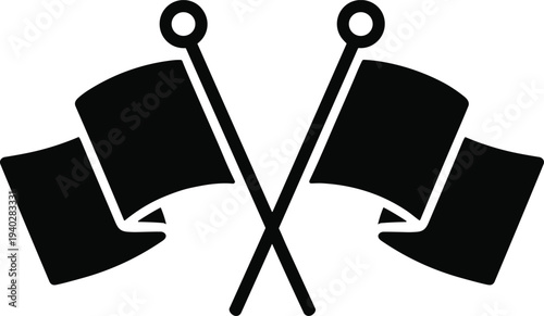 Crossed racing flags icon, black silhouette, motorsport competition symbol, start finish line concept, vector design, simple bold graphic illustration
