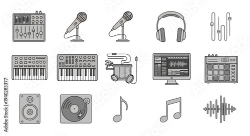 Set of music studio and audio equipment icons in grayscale, featuring a mixer, microphones, headphones, equalizer, keyboard, drums, software and speaker
