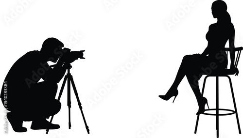 Photographer taking picture of female model silhouette, professional photoshoot scene with camera tripod, fashion photography studio concept illustration