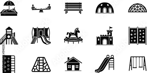 Playground equipment icon set including slide, swing, climbing wall, sandbox, bench, castle and park play area symbols