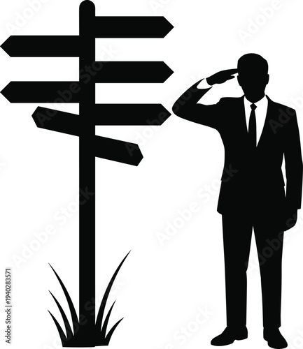 Silhouette of a businessman in a suit saluting beside a multi-directional signpost, representing career choices, guidance, leadership, and strategic pathfinding.