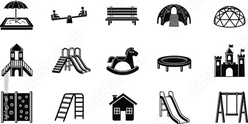 Playground equipment icons set, park play elements including slide swing sandbox trampoline bench and climbing frame silhouette collection
