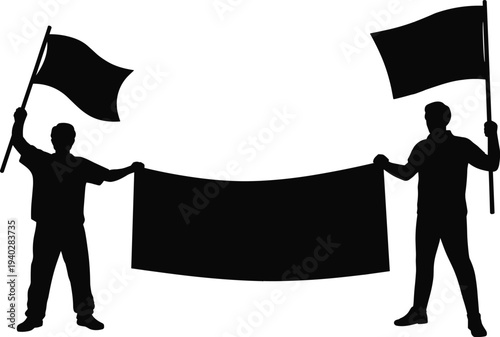 Silhouette of two protesters holding a large blank banner and waving flags, representing activism, demonstration, political rally, and public message.