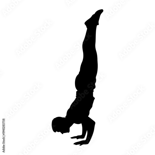 Man handstand yoga pose silhouette, fitness and exercise vector illustration