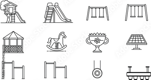 Playground equipment line icons set, park slides swings gazebo rocking horse tire swing vector outline illustration collection