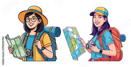 Wanderlust Adventures: Two travel enthusiasts, equipped with maps, cameras, and backpacks, ready to embark on a thrilling journey of discovery and exploration.