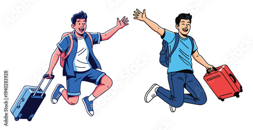 Joyful Traveler's Adventure: Two excited travelers embark on a journey, their bags ready, leaping with enthusiasm, capturing the spirit of exploration and the joy of travel.
