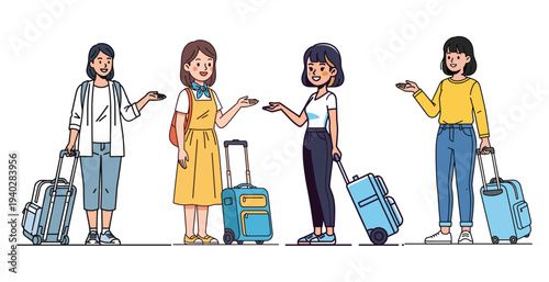 Group of Travelers: A group of women, each with a suitcase, ready to embark on a journey, standing together with anticipation and excitement.