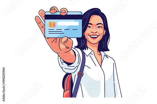 Financial Empowerment: A confident young woman extends a credit card, symbolizing financial autonomy and ease of transaction. This image conveys a sense of modernity and security.