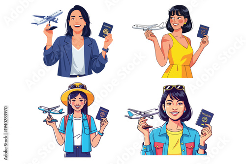 Dream Journeys: An artwork illustrating a variety of women, each ready to embark on global adventures, with model airplanes and travel documents in hand, symbolizing travel dreams.