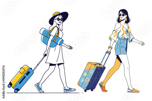 Embarking on the Getaway: Two stylish women, each with their own travel suitcase and sun hat, strides confidently, ready for their upcoming vacation, enjoying the sun. 
