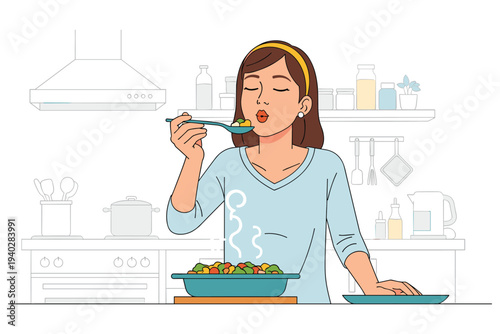 Culinary Delight: A woman savors the taste of a freshly prepared dish, capturing the essence of culinary pleasure in a bright, modern kitchen.