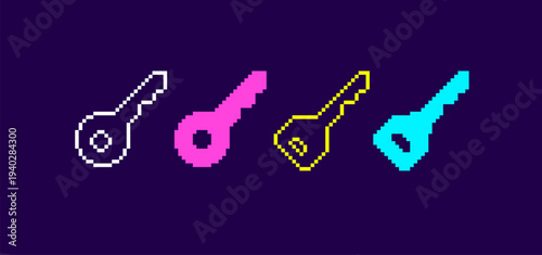 Door Key icons in Colorful Pixel simple flat style. Pink, blue, yellow keys icons in 8-bit retro video game asset. Password login security key icons. Editable vector pixel art