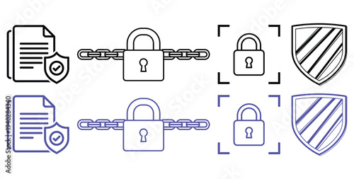 Security icons set including locks chains and shields for protection concepts