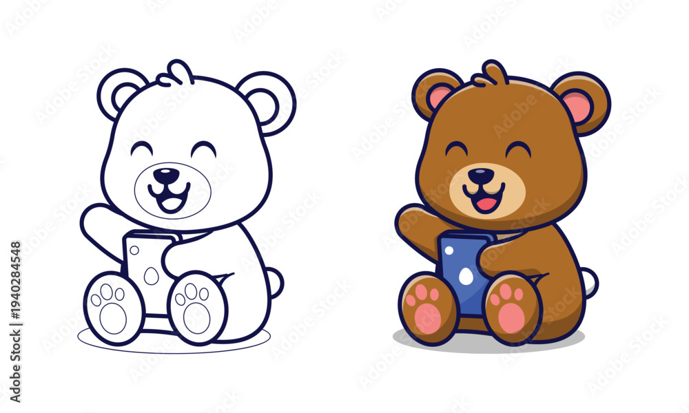Fototapeta premium Cute bear holding phone cartoon coloring pages for kids