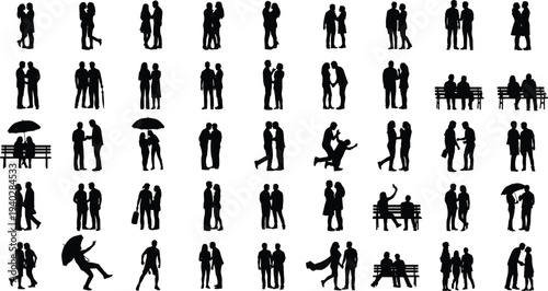 Romantic couples silhouette collection love relationship dating hugging walking proposal sitting together people set isolated vector illustration