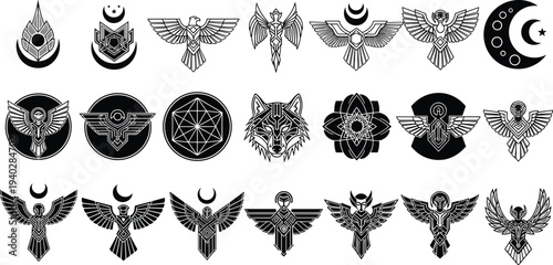 Sacred geometric spiritual symbols collection with winged guardians, moon motifs and mystical emblems, decorative occult illustration set design