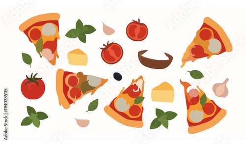 Hand Drawn Pizza Margherita Slices and Fresh Italian Ingredients Vector Food Illustration Set
