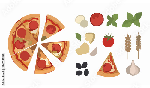 Italian Pizza Margherita Hand Drawn Food Collection with Pizza Pieces and Ingredients Flat Vector