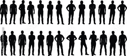 Silhouettes of diverse standing individuals, human posture variations, casual stances, body language illustration, professional crowd concept, design artwork showcase